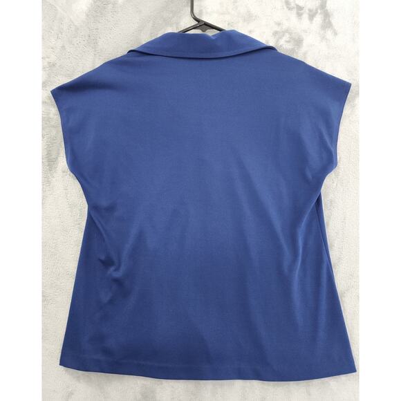 Vintage Mardi Modes Cap Sleeve Collar Polo Shirt Size 16 Blue Stretch Pleated - Picture 2 of 7